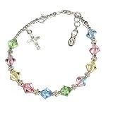 Girls Rosary Bracelet Sterling Silver Childrens Jewelry, This Beautiful Sterling Silver Rosary Bracelet Is Absolutely Gorgeous with Multi-color Pastel Shimmering Crystals Accented with a Sparkling Crystal Cross. Wonderful Treasured Keepsake for First Communion!