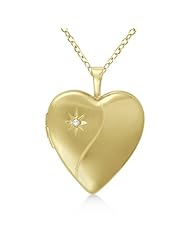 14K Yellow Gold Vermeil Star Engraved Heart-Shaped 0.01ct Locket Style Pendant Necklace For Women