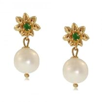 14KT Yellow Gold Dangle Earrings White Pearl & Emerald