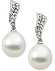Jewelplus South Sea Cultured Pearl & Diamond Earrings 14K White Pair 1/5 Cttw/11.00Mm