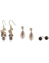 Brown Tonal Stud and Cluster Drop Simulated Pearl Trio Earrings