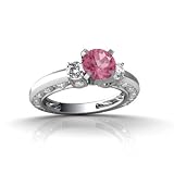 14K White Gold Round Created Pink Sapphire and Diamond Engagement Ring
