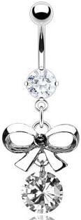 Surgical Steel Clear Prong Set with Bow Tie and Cz Dangle Belly Ring Navel Naval B180