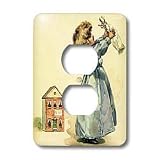 Florene Childrens Art II - Adorable Girl With Doll n Dollhouse - Light Switch Covers - 2 plug outlet cover