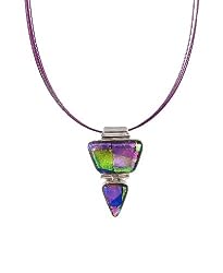 Necklace / Pendant - XP-38 - Genuine Handmade Dichroic Glass Pendant Hung on a 16" Stainless Steel Purple Colored Multi-Strand Cord + 2" Extension Chain ~ .925 Sterling Silver