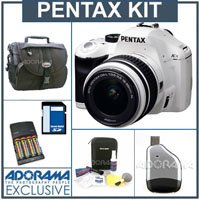 Pentax K-x Digital SLR White Camera /Lens Kit, with White 18-55mm DA-L Lens, 8GB SD Memory Card, 4 AA Nickel Metal Hydride (NiMH) 2900 mAH Rechargeable Batteries with 4-Hour AA & AAA Quick Charger, 110/220 volt. Camera Bag, Digital Camera & Lens Cleaning Kit, USB 2.0 SD Card Reader