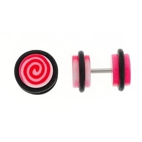 Fake Acrylic Plugs - Pink Spirals - 16g Wire - 8mm/0g - Sold as a Pair