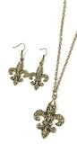 Gold Tone Fleur De Lis Necklace & Earrings Set, (New Orleans Saints)