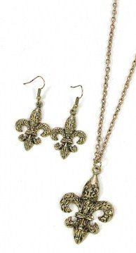 Gold Tone Fleur De Lis Necklace & Earrings Set, (New Orleans Saints)