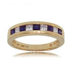 Princess Sapphire & Diamond Wedding Band Ring in Yellow Gold Size 7