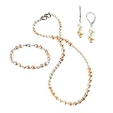 Peach Heart Shaped Silver Cultured Pearl Necklace Bracelet Earrings Set