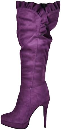Shoesofdream Women's Dianiya Spring Winter Autumn Knee High Round Closed Toe Suede Dress Solid Selvage High Thin Heels Purple Party Boot 8.5 M US