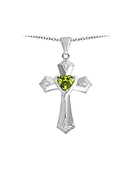 Original Star K (tm) Heart Cross Love Pendant with Heart Shape Simulated Peridot in 925 Sterling Silver