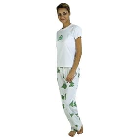 Buy Frog Pajama, Ladies 100% Cotton Printed Tee Shirt Printed Sateen Bottom, White, S-XL by Aegean