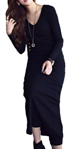 PROSPER and FRIEND レディース ロング タイト ワンピース 長袖 カワイイ 胸元広め