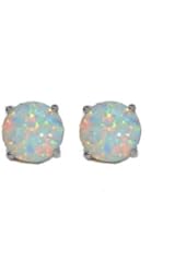 Simulated Opal Round Stud Earrings 14Kt White Gold & Sterling Silver