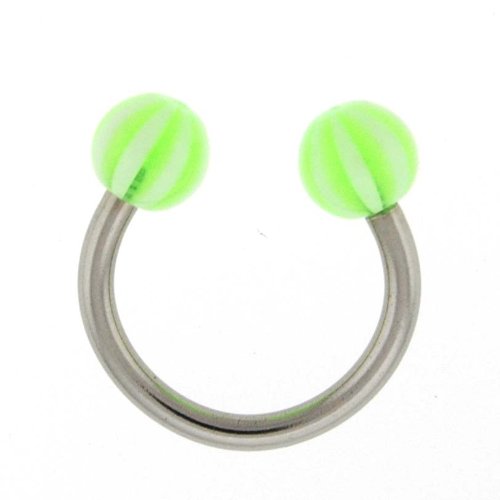 STAINLESS STEEL HORSESHOE WITH BALL GREEN/WHITE DESIGN Gauge: 14, Ball Size: 5mm Sold as a Pair