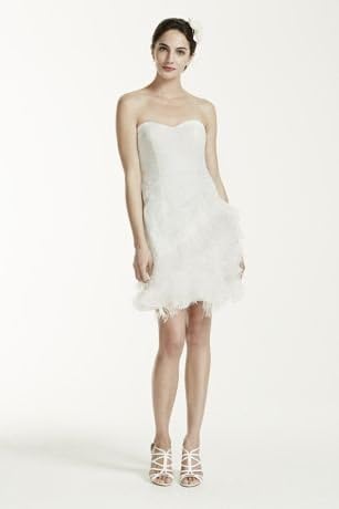Short Strapless Lace Wedding Dress with Feather Trim Ivory, 2