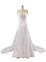 Strapless Beaded Applique Lace-Up Satin Wedding Dress  with a Chapel Train 