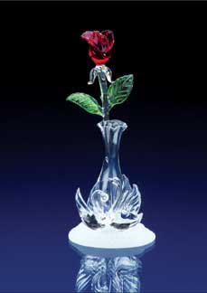 Glass Rose in Vase with Swans