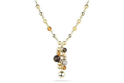 14K Yellow Gold Hand-Crafted Designer Beaded Necklace, Sparkling with Semi-Precious Citrine and Smokey-Topaz Stones and Enhanced with Pave Set Diamonds. ( GH-Color, SI-Clarity, c.t.t.w.0.60CT).