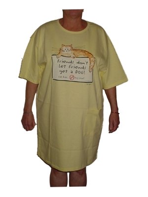 Yellow Night Shirt with Cat that says Friends Don't Let Friends Get A Dog