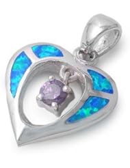Sterling Silver Blue Fire Lab Opal Amethyst CZ Hanging Heart Pendant Charm 17mm with 2mm Figaro Chain