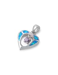 Sterling Silver Blue Fire Lab Opal Amethyst CZ Hanging Heart Pendant Charm 17mm (Pendant ONLY)