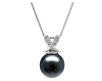Natural Black Tahitian Drop Pearl & Diamond Pendant in 14kt White Gold