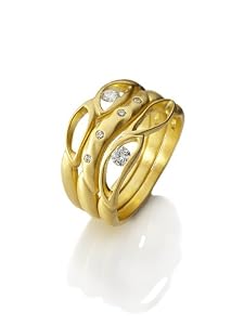 18K Gold Stacking Leaf Bands with Floating Diamonds - size 8