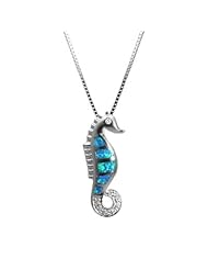 CZ Accented Sterling Silver Seahorse Necklace Pendant with Blue Opal and Box Chain