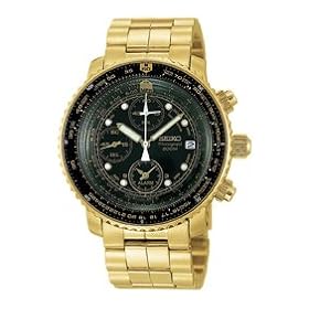 Seiko SNA414P1 - Quartz - Alarme - Chronographe - Plaqu� Or - Lunette bi-directionnelle - Guichet Date - Verre Hardlex Crystal - Etanch�it� 200 m�tres de profondeur - Bracelet Plaqu� Or � bouton poussoir