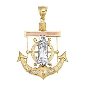 Click here to buy Mens Mariner's Anchor Virgen de Guadalupe Crucifix Gemstone Pendant in 14K Tricolor Gold.