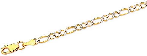 10 K Two Tone Solid Gold 3 mm Italy Figaro White Pave Chain Necklace Bracelet,9â€