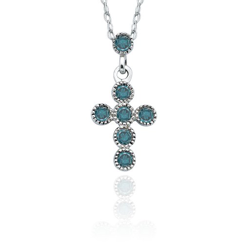 White Gold Blue Diamond Cross Pendant 10k 18 Inch