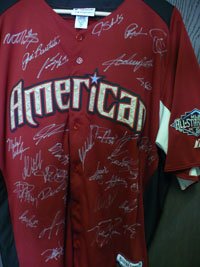 Signed American League All-Star (2011) American League All-Star Jersey By Matt Wieters, Jose Baustista, Curtis Granderson, Josh Hamilton, Michael Cuddyer, Adrian Gonzalez, Brandon League, Jered Weaver, Robinson Cano, Howard Kendrick, Russell Martin, Aaron Crow, David Ortiz, C.J. Wilson, Rickey Romero, Matt Joyce, Chris Perez, Alex Avila, Kevin Youklis, Alexi Ogando, Gio Gonzalez, Jordan Walden, Fe