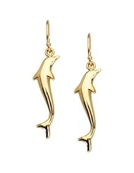 14K Solid Yellow Gold Dolphin Dangle Earrings