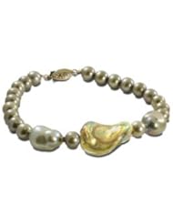 14K dyed green freshwater cultured pearl and Murano bead bracelet, 7.5"
