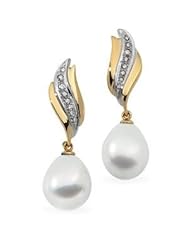 Jewelplus South Sea Cultured Pearl & Diamond Earrings 18K Yellow/White Pair 1/6 Ct Tw/12.00 Mm Fine