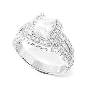 Buy Sterling Silver Filigree Engagement Ring With Emerald Cut Cubic Zirconia on Four Prongs in... by FindPlease