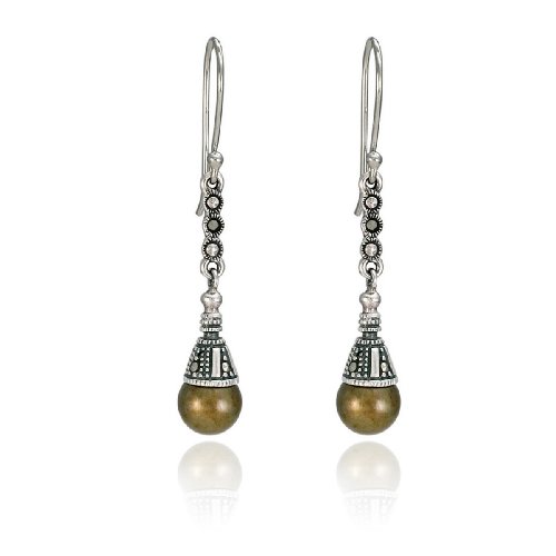 Sterling Silver Marcasite and Bronze Pearl Linear Wire Earrings