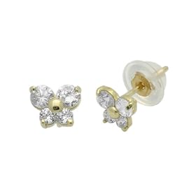 14K Gold Stud Earring CZ Small Butterfly Yellow Gold Earring With Screw Back For Kids & Teens