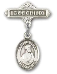 Sterling Silver Baby Badge with St. Thomas the Apostle Charm and Godchild Badge Pin