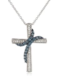 Sterling Silver Blue and White Diamond Cross Pendant Necklace (1/3 cttw, I-J Color, I3 Clarity), 18"