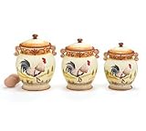Set Of 3 Country Rooster Urn Shape Canisters For Kitchen Decor And Food Storage