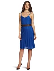 Petite V-neck Cotton/Faux-Leather/Rayon Sweater Belted Sleeveless Spaghetti Strap Maxi Dress 