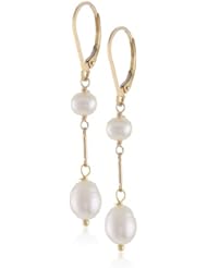 Gold over Silver Bar Chain White Rice Freshwater Cultured Pearl Drop Earrings