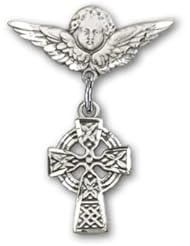 Sterling Silver Baby Badge with Celtic Cross Charm and Angel with Wings Badge Pin