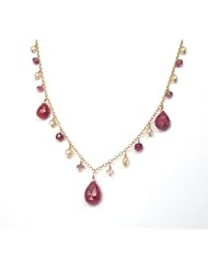 Ruby pink tourmaline and pearl 14K yellow gold 16" handmade in USA necklace. By Amethysts