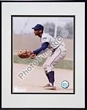 Ernie Banks Fielding Double Matted 8 x 10 Photograph in Black Anodized Aluminum Frame